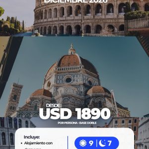 Coliseo de Roma, Catedral de Florencia y canales de Venecia en un circuito turístico por Italia.