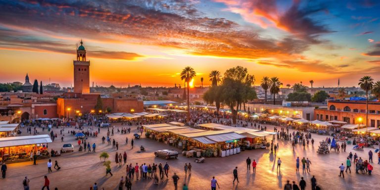 Plaza Jemaa el-Fna y mezquita Koutoubia en Marrakech, Marruecos.